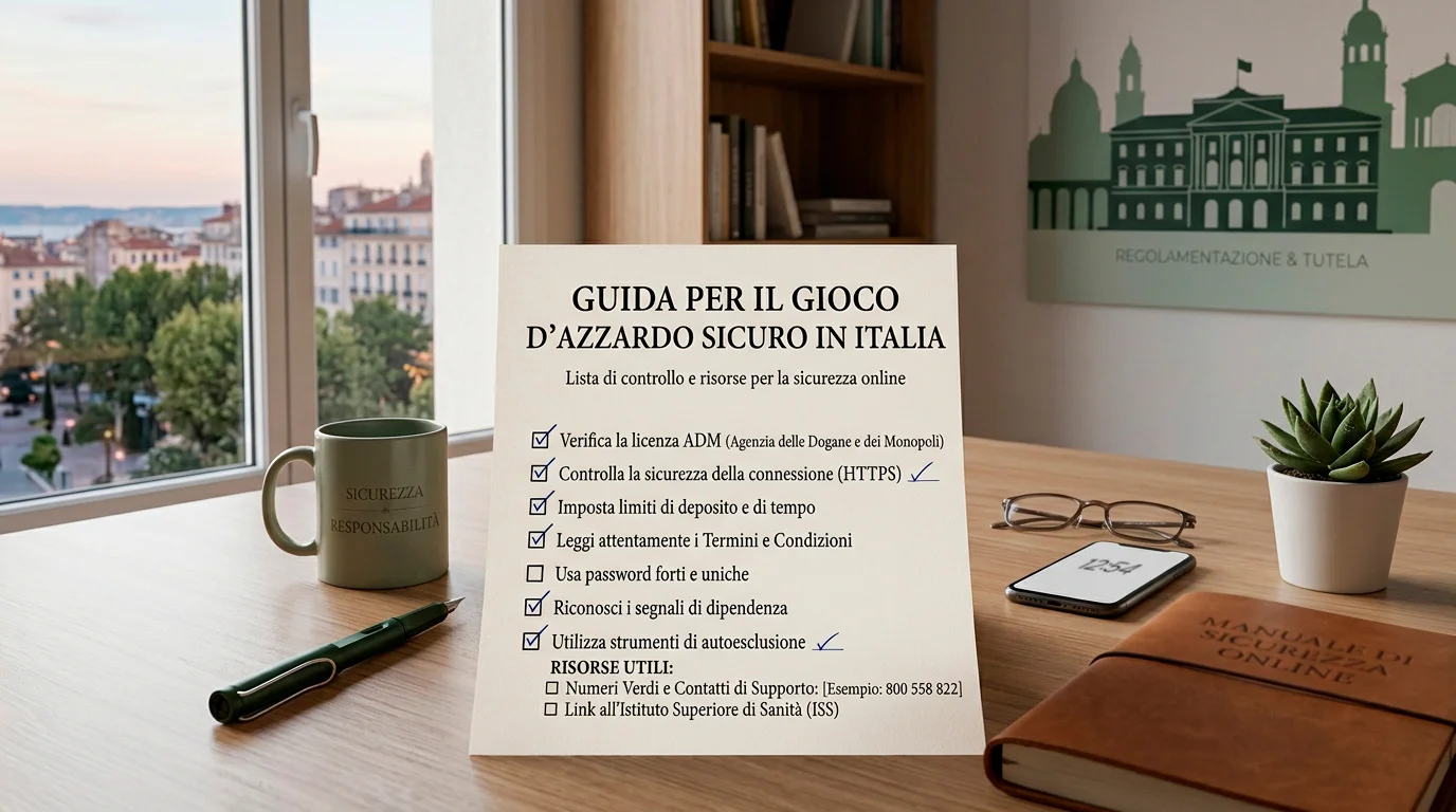 Scrivania con checklist, documenti e simboli istituzionali per verifiche sul gioco online